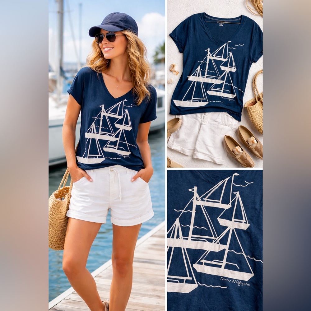 Tommy Hilfiger Sailboat Graphic T-Shirt Nautical Marina Coastal V-Neck Tee Large
